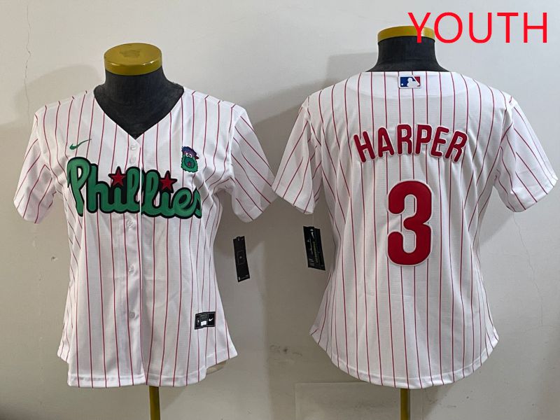 Youth Philadelphia Phillies 3 Harper White Stripe Second generation joint name 2025 Nike MLB Jersey style 1